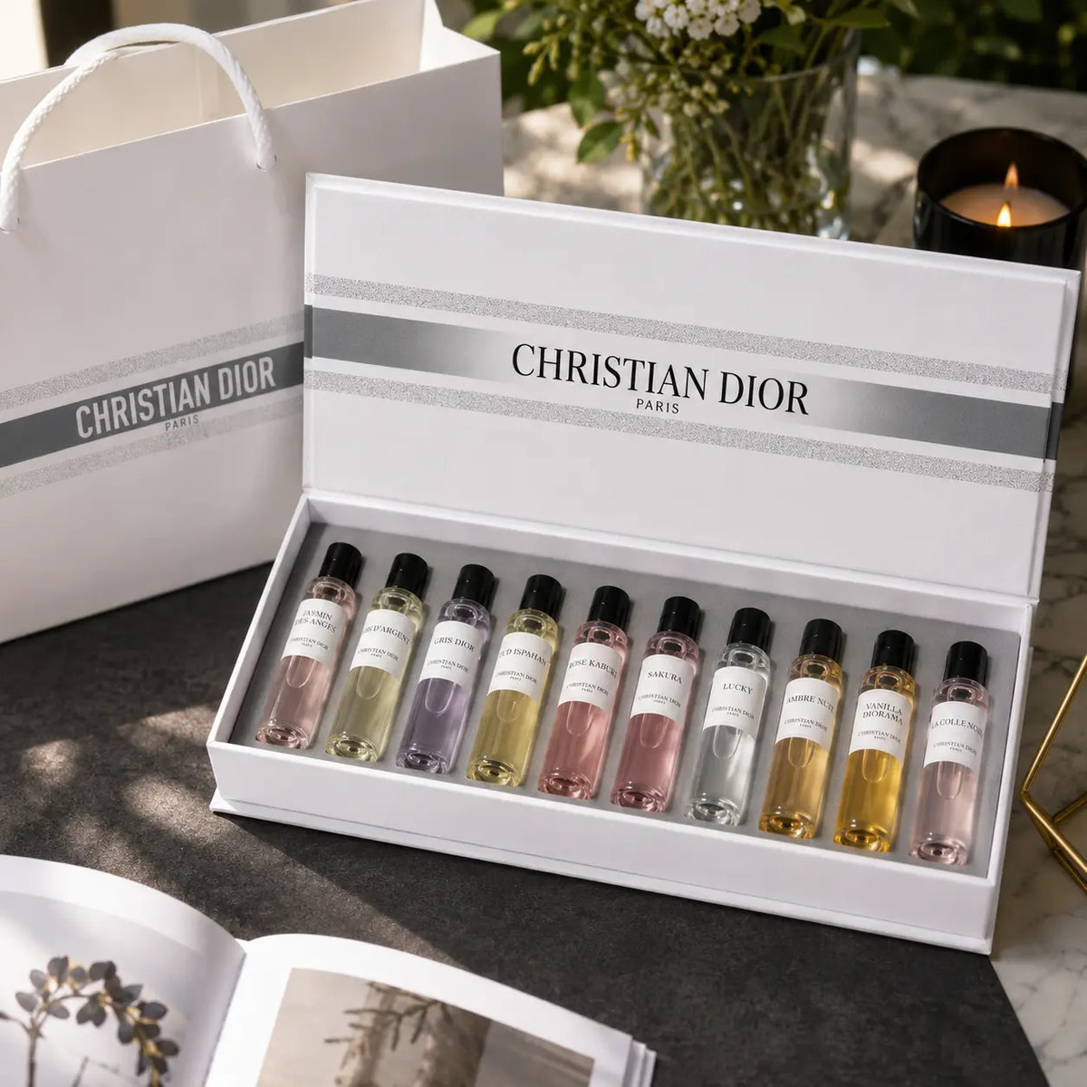 Christian Dior La Collection Privée fragrance discovery set with 10 miniature perfume bottles