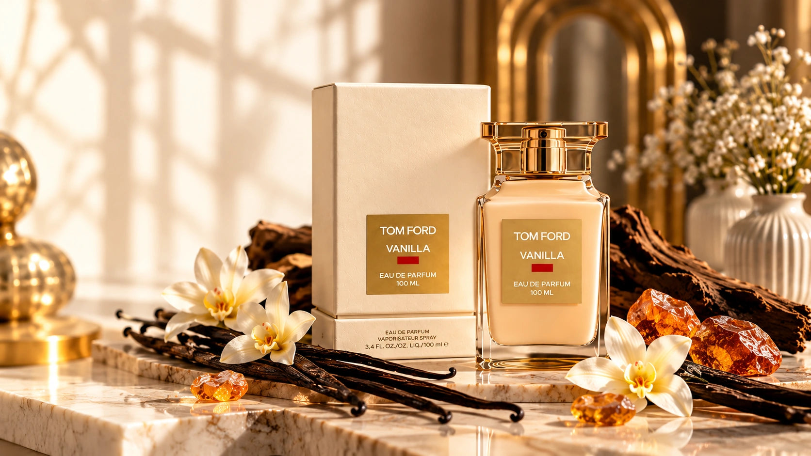 Approved fragrance bottle and packaging with vanilla flowers, wood and golden resin