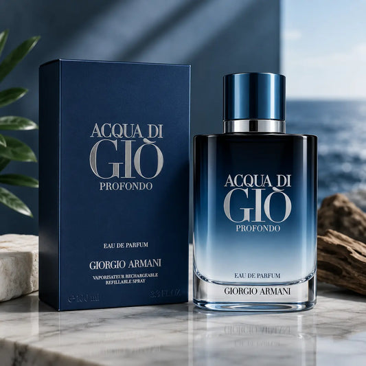 Acqua di Giò Profondo Eau de Parfum Giorgio Armani blue perfume bottle and box