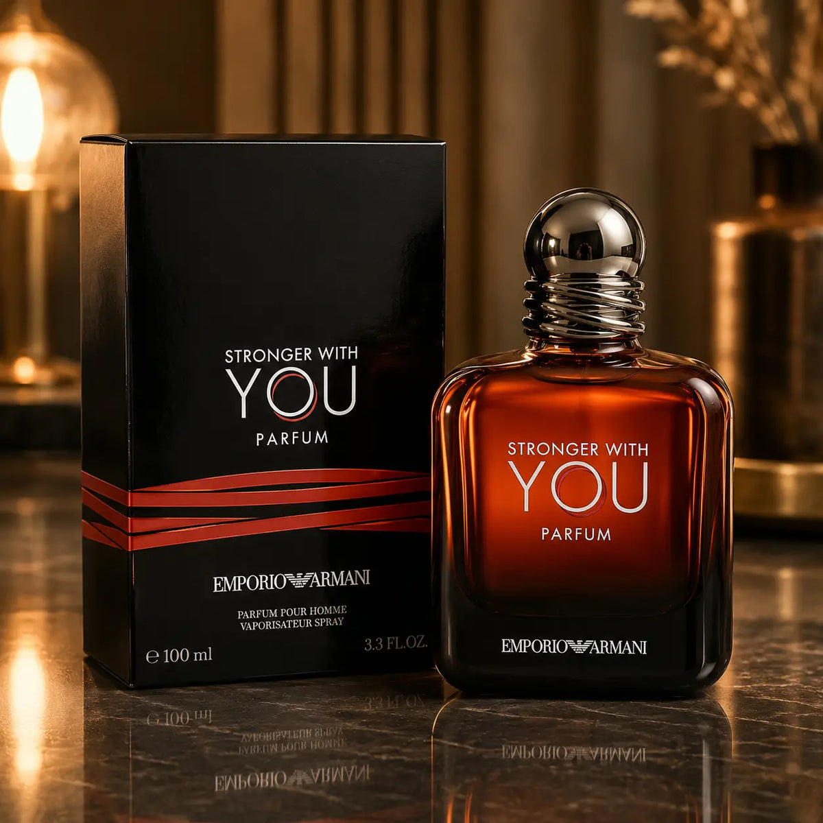 Emporio Armani Stronger With You Parfum 100ml black box and amber fragrance bottle