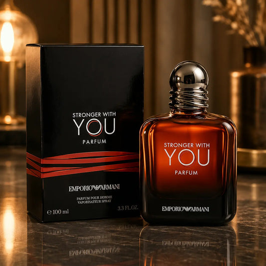 Emporio Armani Stronger With You Parfum 100ml black box and amber fragrance bottle