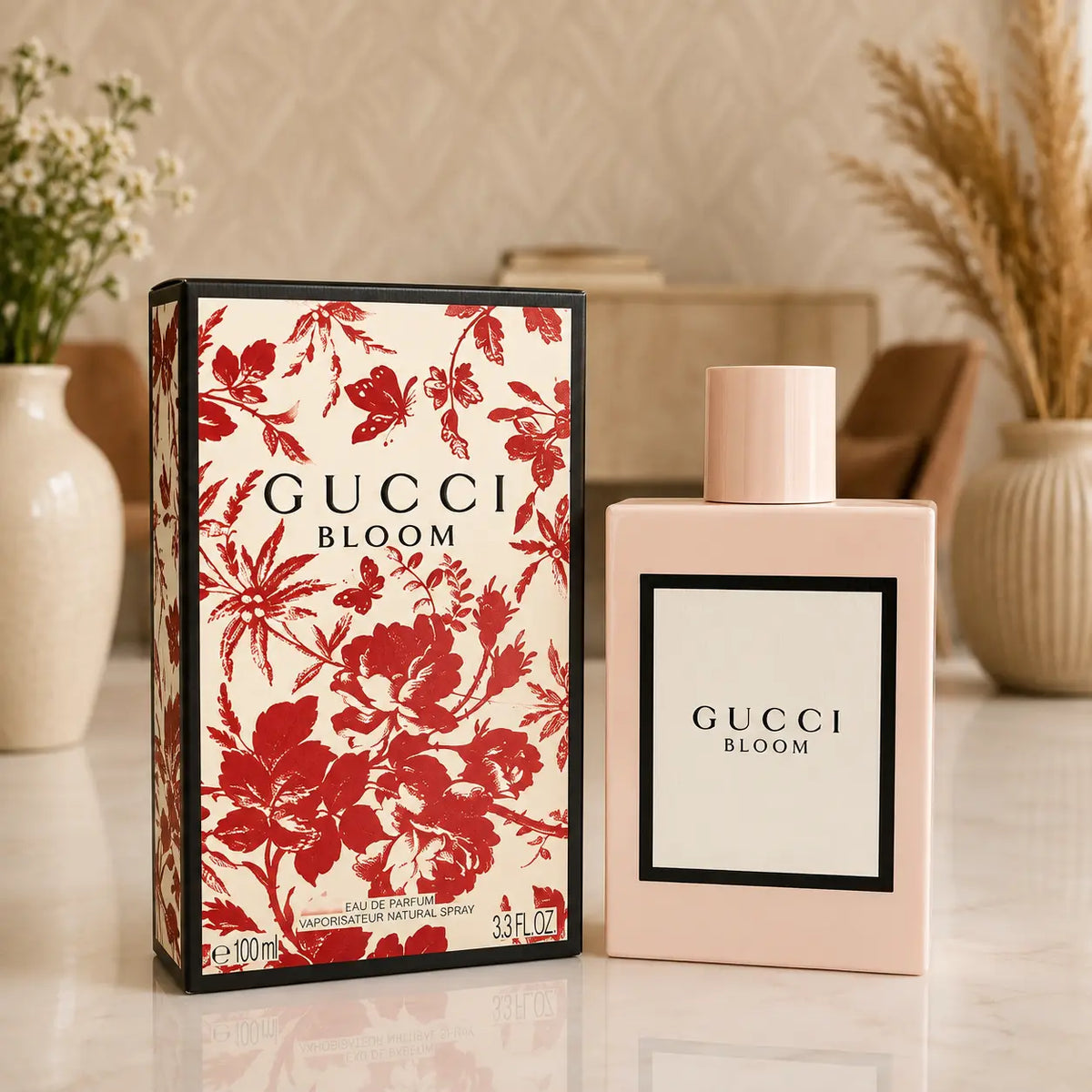 Gucci Bloom Eau de Parfum 100ml pink perfume bottle and floral box