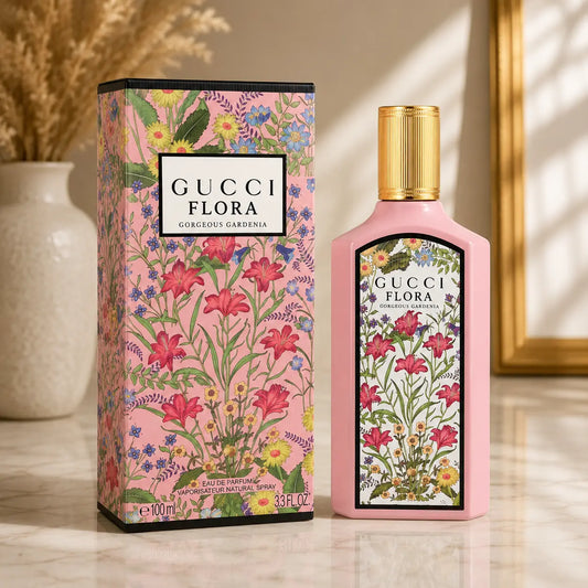 Gucci Flora Gorgeous Gardenia Eau de Parfum 100ml pink perfume bottle and floral box