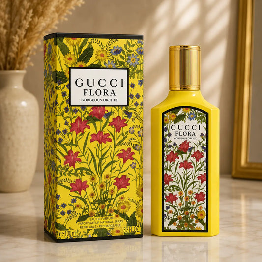 Gucci Flora Gorgeous Orchid Eau de Parfum 100ml yellow perfume bottle and floral box
