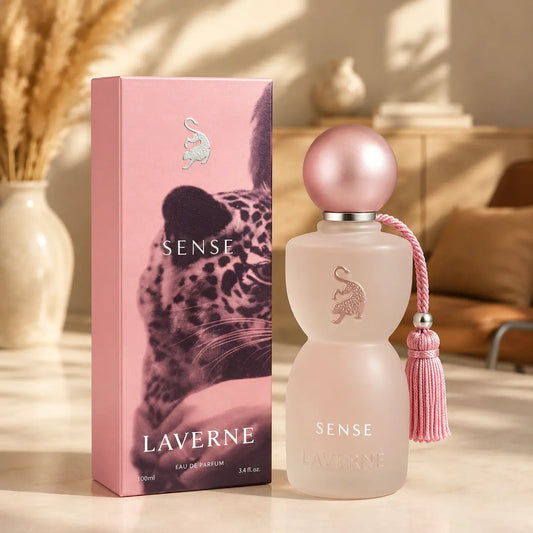 Laverne Sense Eau de Parfum 75ml pink perfume bottle and leopard design box