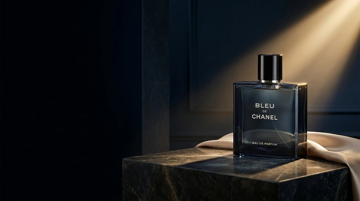 Bleu de Chanel bottle on a marble pedestal under warm directional light
