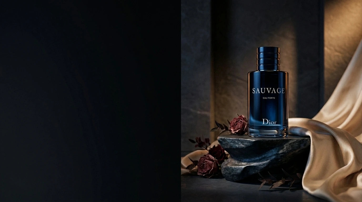 Dior Sauvage bottle on a dark stone pedestal with warm draped fabric