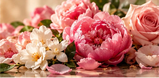 Pink roses and peonies with white jasmine