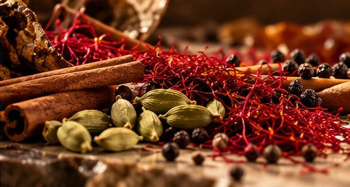 Saffron, cardamom and cinnamon in warm light